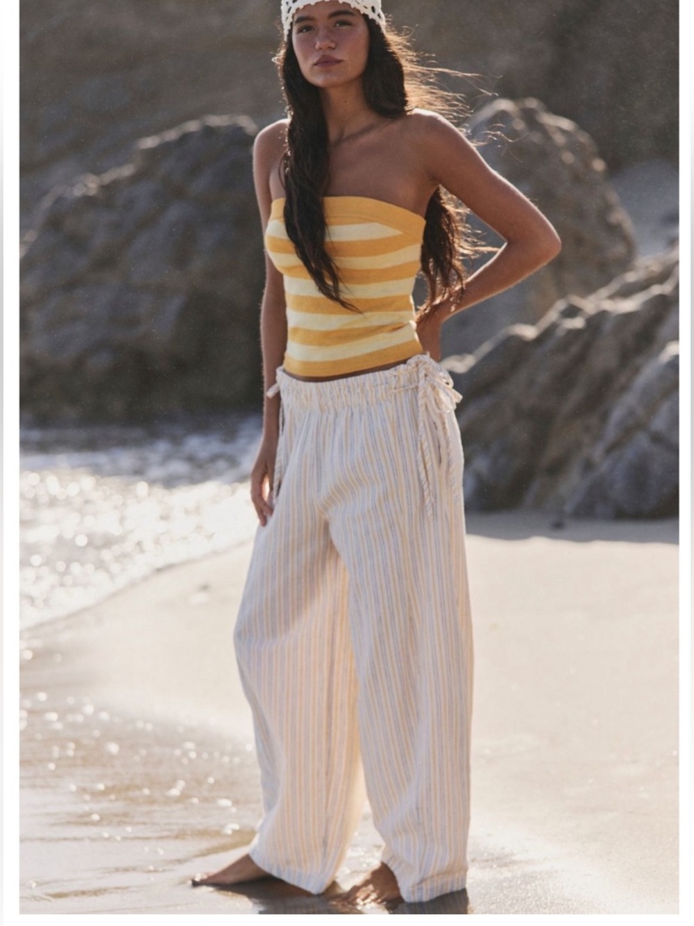 Free People Sun Dazed Cotton-Linen Striped Pants in Ivory Combo